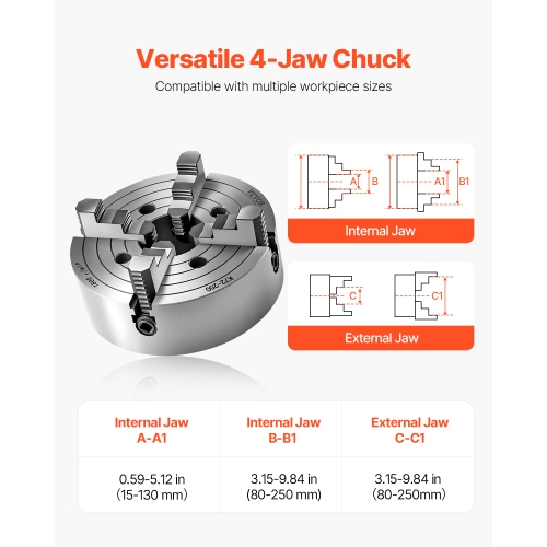 VEVOR 4-Jaw Lathe Chuck, 10 Inch, Self-Centering Chuck, 0.6-9.84 in (15-250 mm) Clamping Range with T-key Fixing Screws Reversible Jaws,HT300