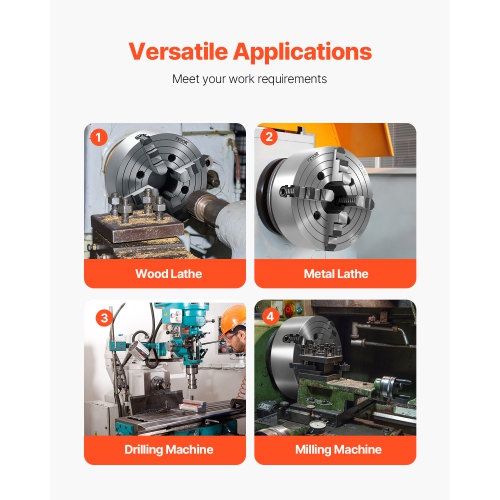 VEVOR 4-Jaw Lathe Chuck, 10 Inch, Self-Centering Chuck, 0.6-9.84 in (15-250 mm) Clamping Range with T-key Fixing Screws Reversible Jaws,HT300
