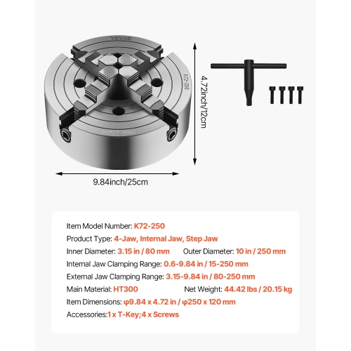 VEVOR 4-Jaw Lathe Chuck, 10 Inch, Self-Centering Chuck, 0.6-9.84 in (15-250 mm) Clamping Range with T-key Fixing Screws Reversible Jaws,HT300