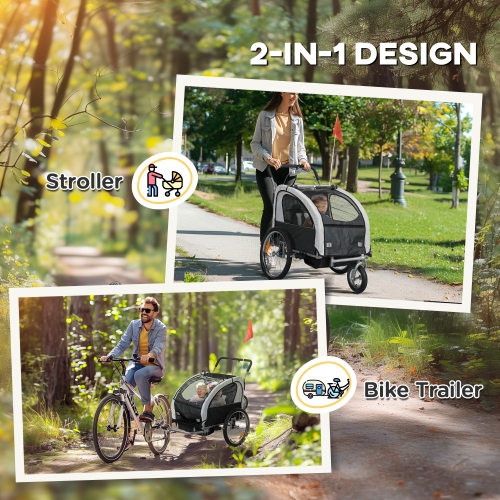 Aosom 2-Seat Bike Trailer for Kids, 2-in-1 Baby Stroller Bicycle Trailer with 5-Point Harness, Rubber Wheels, Windproof Curtain, Storage Bag, Safety
