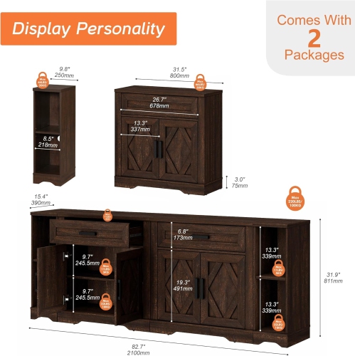 WAMPAT Modern Farmhouse Sideboard Cabinet with Drawers & Doors, 82.7" Large Buffet Cabinet with Adjustable Shelves, 4 in 1 Wooden Coffee Bar Table