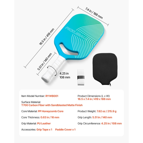 VEVOR T700 Pickleball Paddle with Aero Throat, Carbon Fiber Surface & Honeycomb Core, Professional Pickleball Paddle with Increased Power & Control &