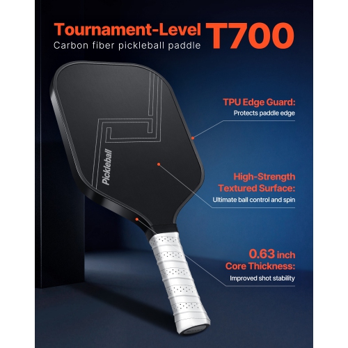 VEVOR T700 Pickleball Paddle, Carbon Fiber Surface & Honeycomb Core, Professional Pickleball Paddle with Increased Power & Control & Spin, Pro Pickle