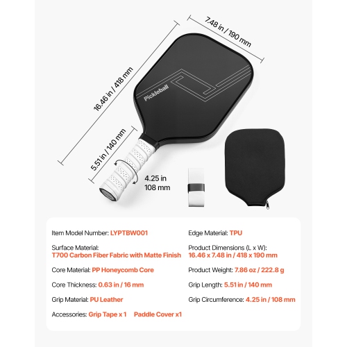 VEVOR T700 Pickleball Paddle, Carbon Fiber Surface & Honeycomb Core, Professional Pickleball Paddle with Increased Power & Control & Spin, Pro Pickle