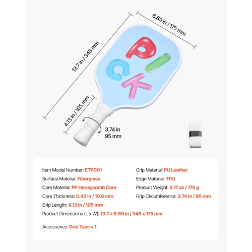 VEVOR Kids Pickleball Paddle, Lightweight Youth Pickleball Paddle with Small Grip and Cute Pattern, Fiberglass Pickle Ball Racket & Honeycomb Core,