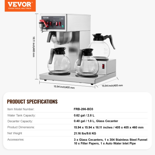 VEVOR 12 Cups Commercial Drip Coffee Maker, Coffee Maker Machine with 3 Glass Carafes and 3 Warmer Plates, Stainless Steel Pour Over Coffee Brewer