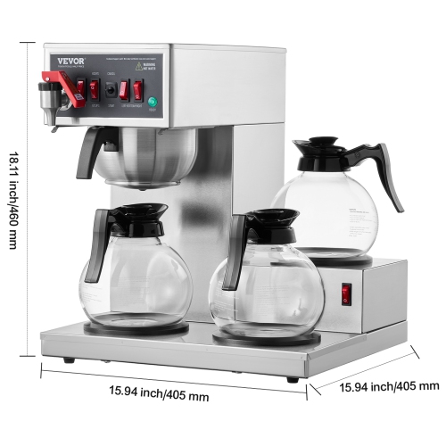VEVOR 12 Cups Commercial Drip Coffee Maker, Coffee Maker Machine with 3 Glass Carafes and 3 Warmer Plates, Stainless Steel Pour Over Coffee Brewer
