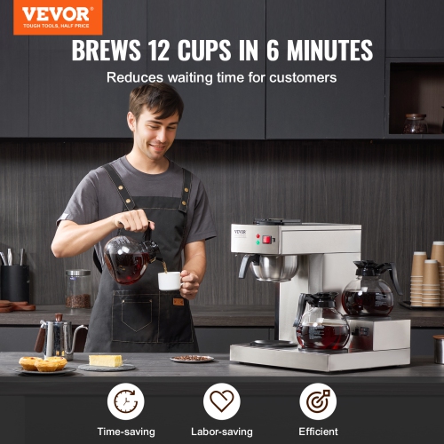 VEVOR 12 Cups Commercial Drip Coffee Maker, Coffee Maker Machine with 3 Glass Carafes and 3 Warmer Plates, Stainless Steel Pour Over Coffee Brewer
