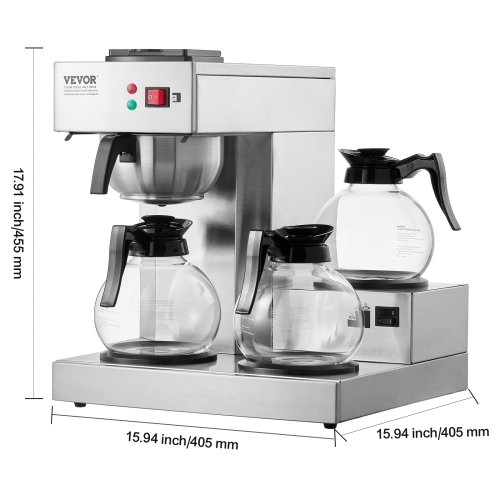 VEVOR 12 Cups Commercial Drip Coffee Maker, Coffee Maker Machine with 3 Glass Carafes and 3 Warmer Plates, Stainless Steel Pour Over Coffee Brewer