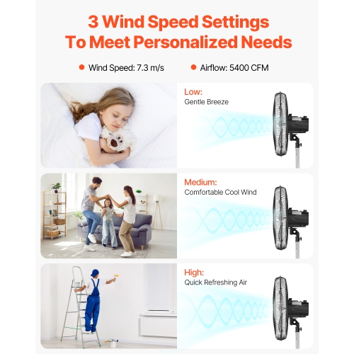 VEVOR 18 Inch Industrial Pedestal Fan, 90-Degree Oscillating Fan, Height Adjustable Standing Fans with 3 Adjustable Speeds, High Power Floor Fans for