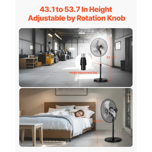 VEVOR 18 Inch Industrial Pedestal Fan, 90-Degree Oscillating Fan, Height Adjustable Standing Fans with 3 Adjustable Speeds, High Power Floor Fans for