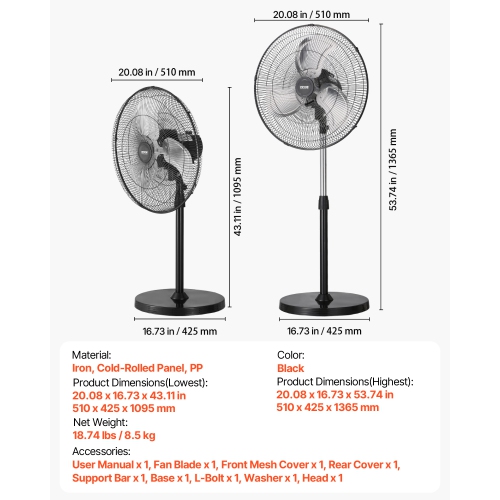 VEVOR 18 Inch Industrial Pedestal Fan, 90-Degree Oscillating Fan, Height Adjustable Standing Fans with 3 Adjustable Speeds, High Power Floor Fans for