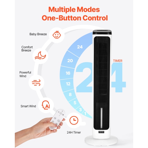 VEVOR 23.3ft/s Tower Fan,Velocity Quiet Floor Fan, 70° Oscillating Fans for Indoors with 9 Speeds, 4 Modes,24H Timer,Portable Standing Bladeless Fan