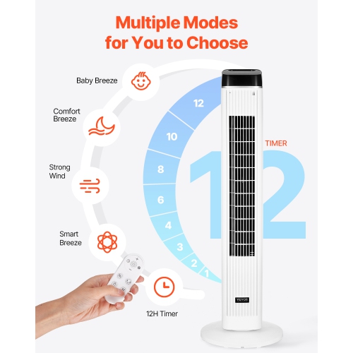 VEVOR 22 ft/s Tower Fan, Velocity Quiet Floor Fan,70° Oscillating Fans for Indoors with 3 Speeds, 4 Modes,12H Timer, Portable Standing Bladeless Fan