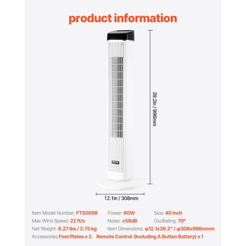 VEVOR 22 ft/s Tower Fan, Velocity Quiet Floor Fan,70° Oscillating Fans for Indoors with 3 Speeds, 4 Modes,12H Timer, Portable Standing Bladeless Fan