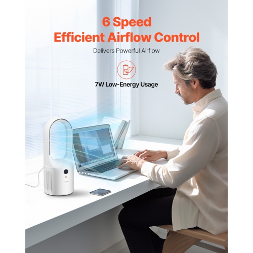 VEVOR 12.99 Inch Desk Fan Bladeless, Kids-Friendly Personal Portable Desk Fan, 6-Speed USB Quiet Cooling Small Tower Fan with Button Control, Blows