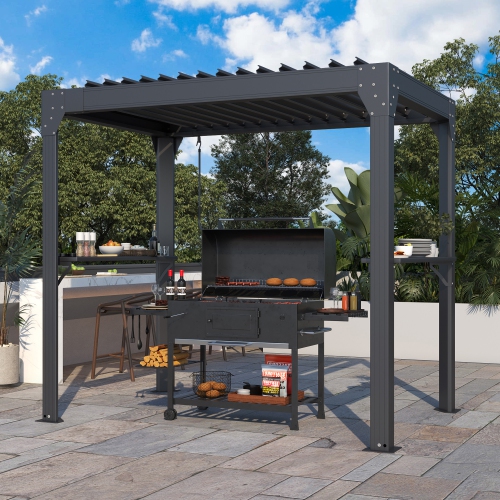 EROMMY 5'x8' Aluminum BBQ Gazebo - Adjustable Louvre Roof, Built-in Drainage & Side Storage - Black
