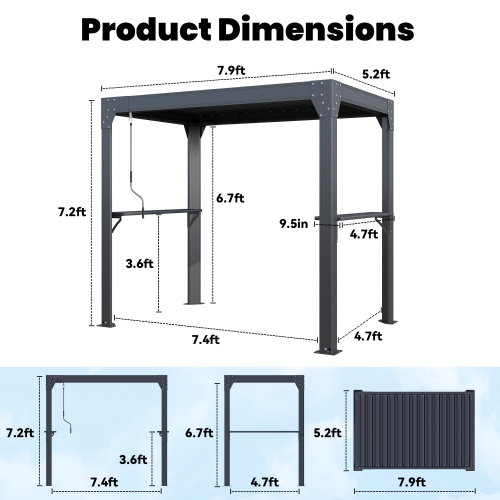 EROMMY 5'x8' Aluminum BBQ Gazebo - Adjustable Louvre Roof, Built-in Drainage & Side Storage - Black