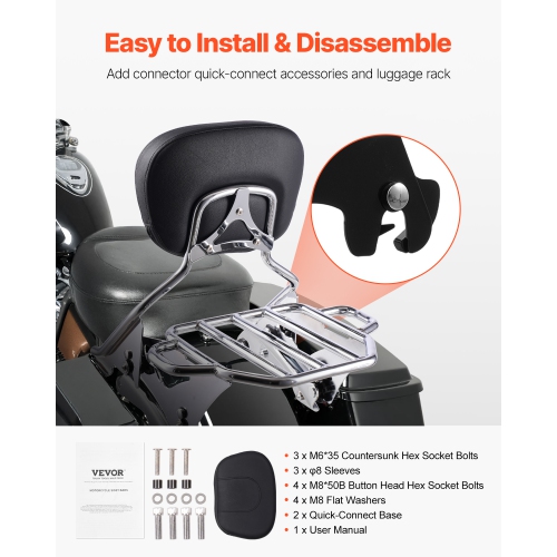 VEVOR Motorcycle Backrest Sissy Bar with Luggage Rack, Compatible with Harley-Davidson Touring Models, Street Glide Road Glide Road King, Detachable