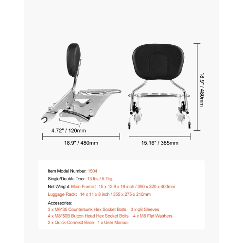 VEVOR Motorcycle Backrest Sissy Bar with Luggage Rack, Compatible with Harley-Davidson Touring Models, Street Glide Road Glide Road King, Detachable