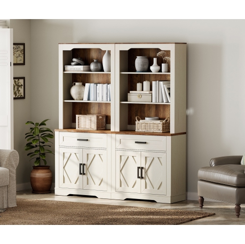 WAMPAT  5-Tier Bookcase w Doors&drawers, 73.3-Inch Tall Farmhouse Library Bookshelf w 3 Open Storage Shelves for Bedroom, Living Room & Home Office
