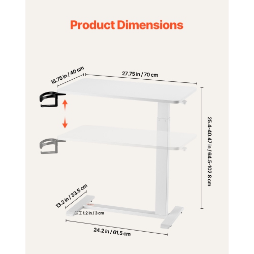 VEVOR Overbed Table, Mobile Bed Side Table with 4 Hidden Wheels, Height Adjustable Rolling Laptop Desk with Cup Holder, Portable Particleboard Over