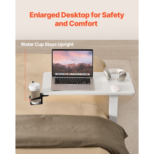 VEVOR Overbed Table, Mobile Bed Side Table with 4 Hidden Wheels, Height Adjustable Rolling Laptop Desk with Cup Holder, Portable Particleboard Over