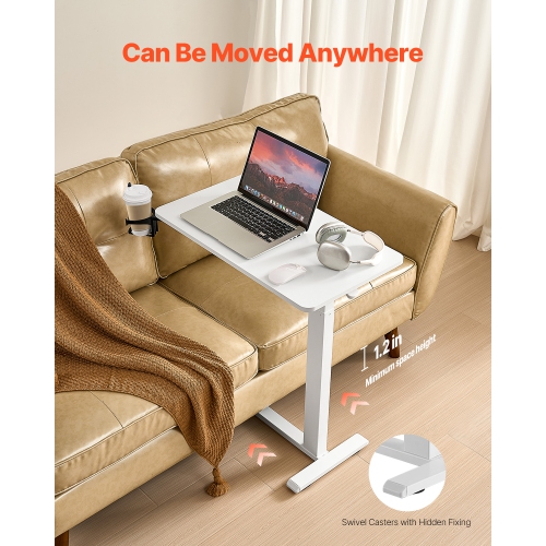 VEVOR Overbed Table, Mobile Bed Side Table with 4 Hidden Wheels, Height Adjustable Rolling Laptop Desk with Cup Holder, Portable Particleboard Over