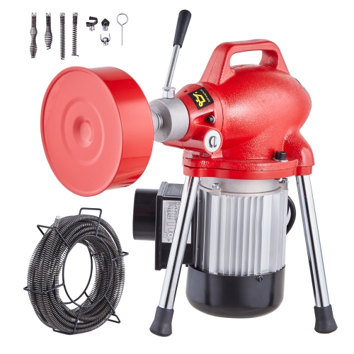 VEVOR 66FT x 5/8 Inch Drain Cleaner Machine, 250W Electric Sewer Snake Auger Manual Feed - with 2 Sectional Steel Cables, 7 Cutters and CW/CCW Control