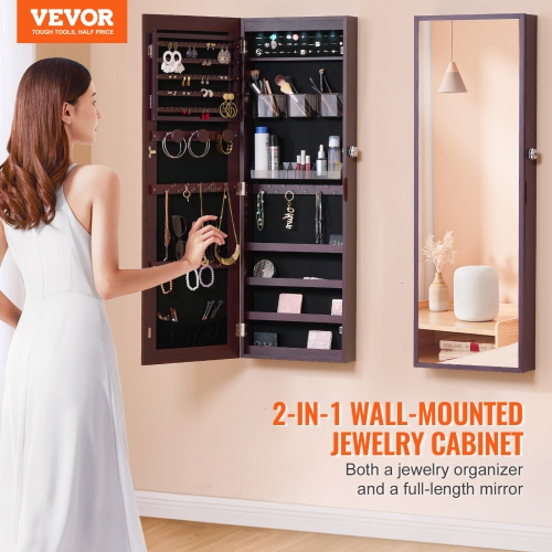 VEVOR 42.52-Inch Mirror Jewelry Cabinet, Tall Lockable Jewelry Cabinet Armoire with Full-Length Mirror, Wall or Door Mounted Jewelry Mirror Organizer