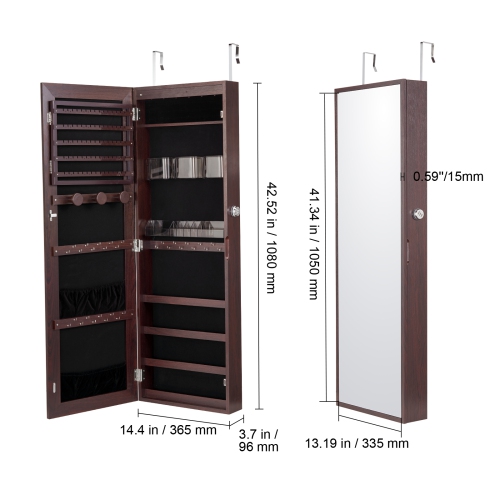 VEVOR 42.52-Inch Mirror Jewelry Cabinet, Tall Lockable Jewelry Cabinet Armoire with Full-Length Mirror, Wall or Door Mounted Jewelry Mirror Organizer