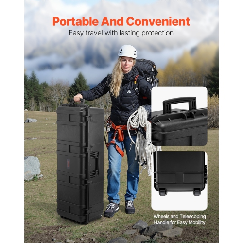 VEVOR 112x41x34 Weatherproof Hard Case, Heavy Duty Protective Dry Box Case with Pre-Cut Foam & Retractable Pull Handles for Travel, Hunt, Tactical,