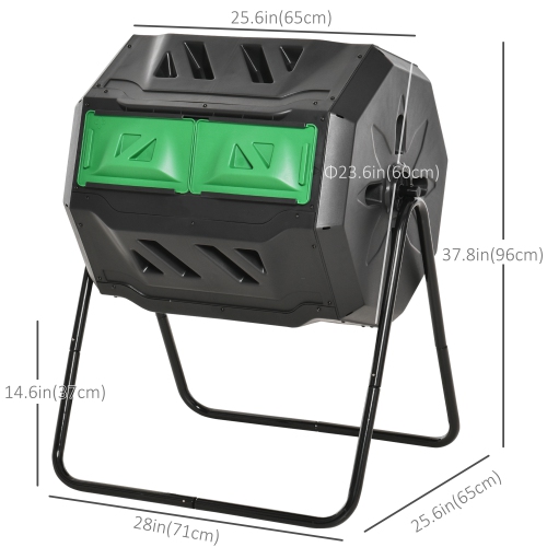 Outsunny 43 Gallon Tumbling Compost Bin Outdoor Dual Chamber 360° Rotating Composter with Sliding Doors, Solid Steel Frame and Gloves, Green