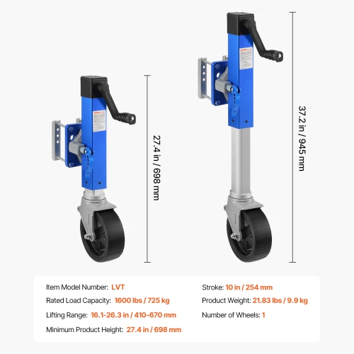VEVOR 1600 lbs Trailer Jack with Wheel,Heavy Duty Swivel Boat Trailer Jack PP Single Wheel, 10" Lift, Bolt-on Trailer Tongue Jack with Ergonomic