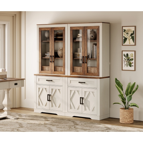 WAMPAT 5-Tier Bookcase with Glass Doors, 73.3" Tall Farmhouse Library Bookshelf with Storage Shelves&Drawers for Bedroom, Living Room & Home Office,