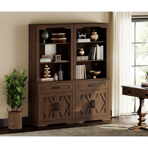 WAMPAT 5-Tier Bookcase with Doors&Drawers, 73.3-Inch Tall Farmhouse Library Bookshelf with 3 Open Storage Shelves for Bedroom, Living Room & Home