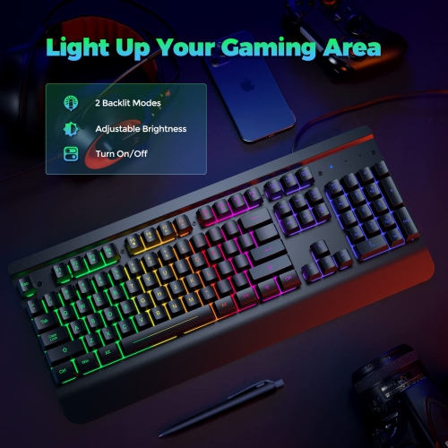 Gaming Keyboard 104 Keys All-Metal Panel Light Up Silent Computer Keyboard, Wrist Rest, LED Backlit 4200 DPI Gaming Mouse, Wired Keyboard Mouse Set