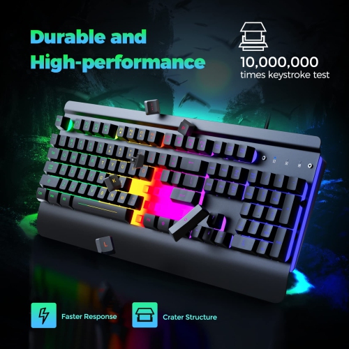 Gaming Keyboard 104 Keys All-Metal Panel Light Up Silent Computer Keyboard, Wrist Rest, LED Backlit 4200 DPI Gaming Mouse, Wired Keyboard Mouse Set