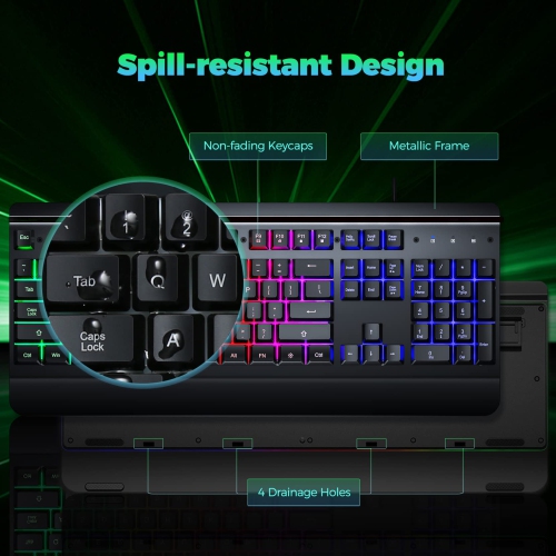 Gaming Keyboard 104 Keys All-Metal Panel Light Up Silent Computer Keyboard, Wrist Rest, LED Backlit 4200 DPI Gaming Mouse, Wired Keyboard Mouse Set