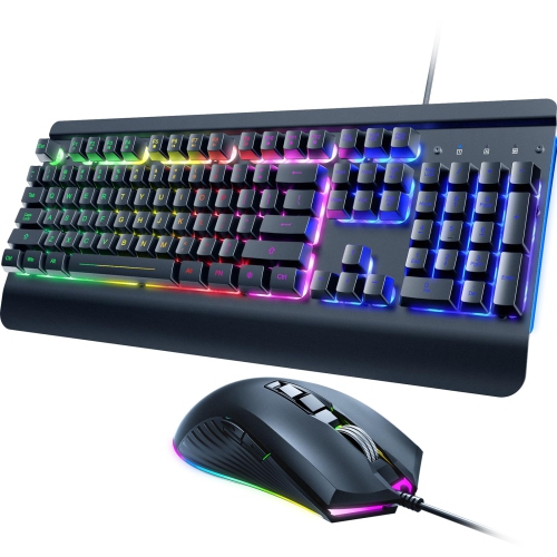 Gaming Keyboard and Mouse Combo, 104 Keys All-Metal Panel Light Up Silent Computer Keyboard, Wrist Rest, LED Backlit 4200 DPI Gaming Mouse, Wired