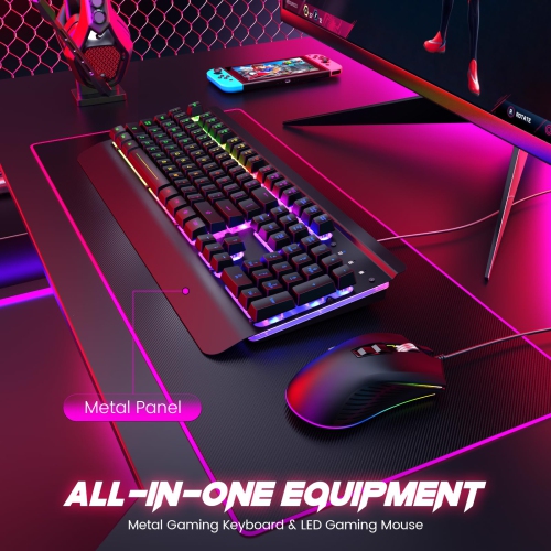 Gaming Keyboard and Mouse Combo, 104 Keys All-Metal Panel Light Up Silent Computer Keyboard, Wrist Rest, LED Backlit 4200 DPI Gaming Mouse, Wired