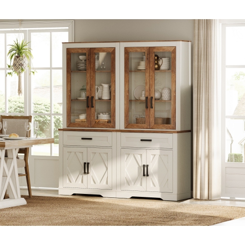 WAMPAT 73.3" Tall Kitchen Pantry Cabinet, Modern Farmhouse Wooden Storage Cabinet with Drawers, Glass Doors & Adjustable Shelves for Dining Room &