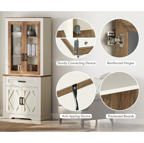 WAMPAT 73.3" Tall Kitchen Pantry Cabinet, Modern Farmhouse Wooden Storage Cabinet with Drawers, Glass Doors & Adjustable Shelves for Dining Room &