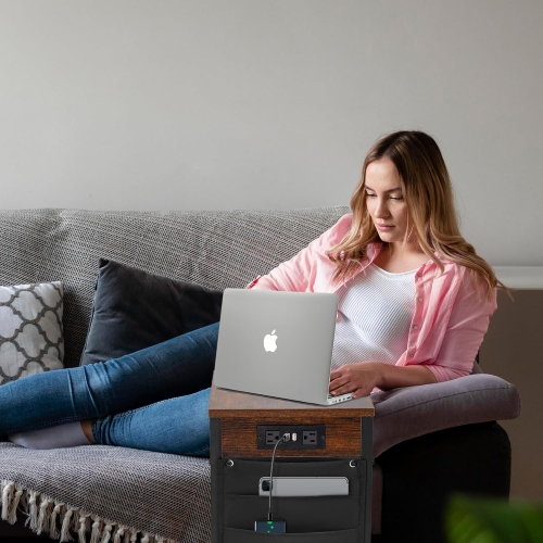 U-HOMY C-Shaped End Table with Charging Station – 2 USB Ports, 2 Outlets, 5 Storage Bags, Narrow Sofa Table for Living Room & Bedroom