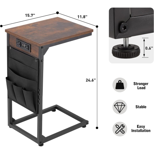 U-HOMY C-Shaped End Table with Charging Station – 2 USB Ports, 2 Outlets, 5 Storage Bags, Narrow Sofa Table for Living Room & Bedroom