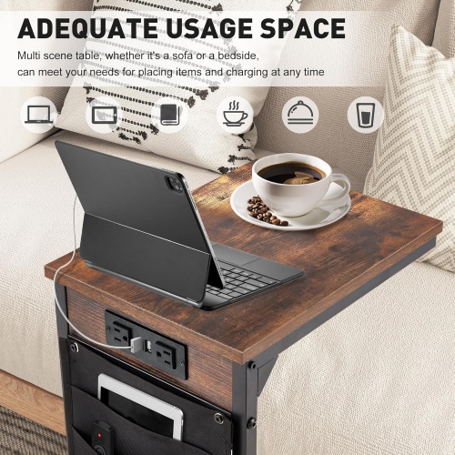 U-HOMY C-Shaped End Table with Charging Station – 2 USB Ports, 2 Outlets, 5 Storage Bags, Narrow Sofa Table for Living Room & Bedroom