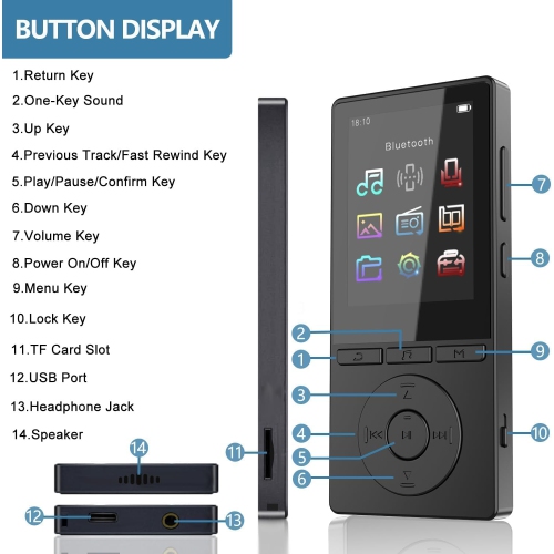 32GB MP3 Player with Bluetooth,Music Player with HiFi Sound for Sports,2.4" Screen MP3 Player Built in HD Speaker Voice Recorder FM Radio