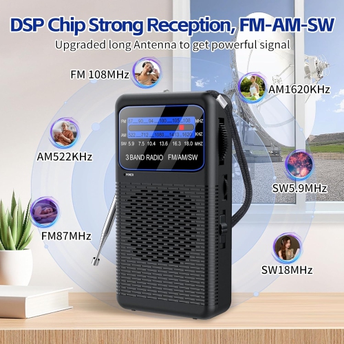 Radio AM FM SW 3 bandes de poche, radio portative à ondes courtes à batterie, radio à pince arrière avec prise pour écouteurs 3,5&nbsp;mm, radio