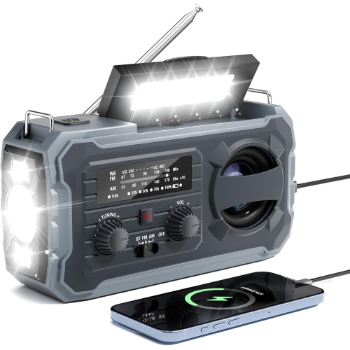 Radio d'urgence à manivelle, Radio météorologique avec AM/FM/NOAA, Prower solaire, Alarme SOS, Recharge de téléphone, Lampe de poche LED, Radio
