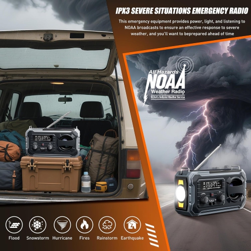 Radio d'urgence à manivelle, Radio météorologique avec AM/FM/NOAA, Prower solaire, Alarme SOS, Recharge de téléphone, Lampe de poche LED, Radio